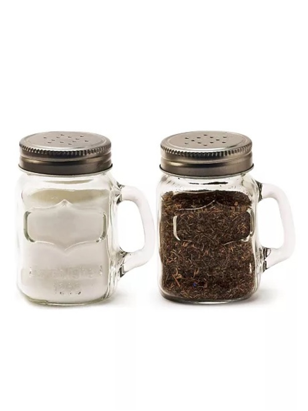Set of 2 Mini Glass Mason Jar Salt and Pepper Shaker Mugs with Silver Lids